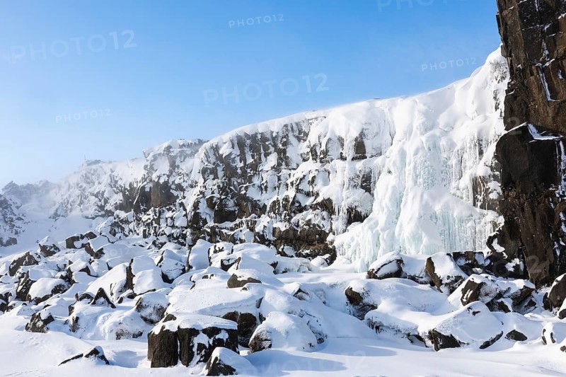 Öxarárfoss, frozen waterfall, lava rock, rock, snow, frost, winter, Golden Circle, Iceland, Scandinavia
