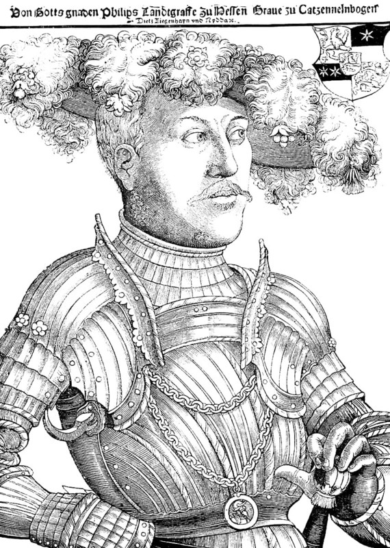 By the Grace of God Landgrave Philip of Hesse !504, 1567), Philip the Magnanimous, after a woodcut by Brosamer, Schmalkaldic League (1531, 1547), advocate of protentatism, portrait, knight's armour, sword, feathered hat, historical illustration 1883