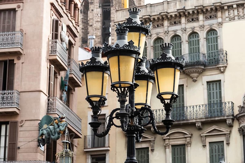 Historic street lamp on the Ramblas in Barcelona, Spain