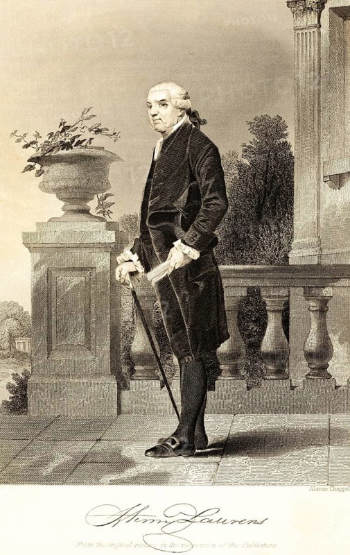 Henry Laurens (1724-1794) entrepreneur and politician, merchant, War of Independence, member of the Continental Congress, USA, outdoors, terrace, walking stick, elegant clothes, garden, portrait of famous Americans, signature, artist Alonzo Chappel, steel engraving, historical illustration 1862
