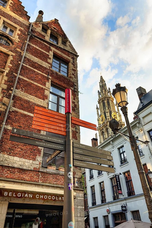 Signpost in the historic city centre, Antwerp, Flanders, Belgium