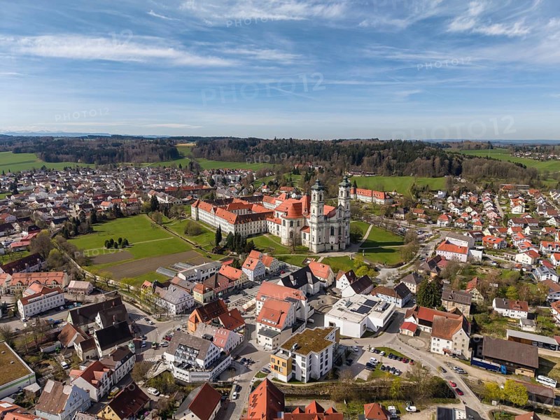 Aerial view of the Baroque Basilica of St. Alexander and Theodor, Ottobeuren Abbey, Ottobeuren, Unterallgäu, Bavaria, Germany