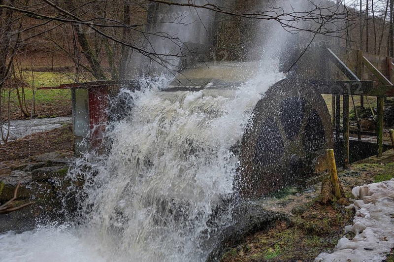 Waterwheel driven by floods, Egloffstein, Upper Franconia, Bavaria, Germany