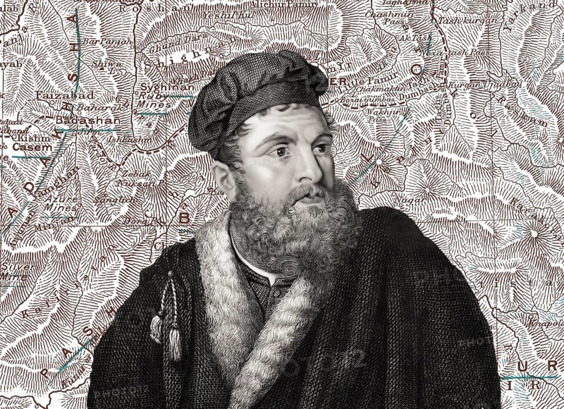 Marco Polo, c.?1254 –1324, an Italian merchant, explorer and writer, map of his travels, digital edited