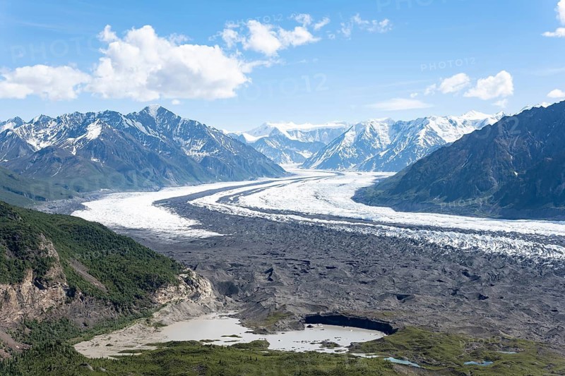 View of impressive mountain landscape with Matanuska glacier and glaciated mountain peaks, Lion's Head, Chugach Mountains, Alaska, USA
