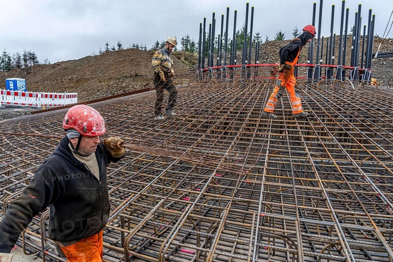 Assembly of reinforcing steel for the reinforced concrete foundation of a wind turbine, a mesh of rebar and rebar mesh, over 100 tons of reinforcing steel were used, the wind turbine will have a hub height of 160 meters, part of a new wind farm in Sauerland, near Balve, North Rhine-Westphalia, Germany