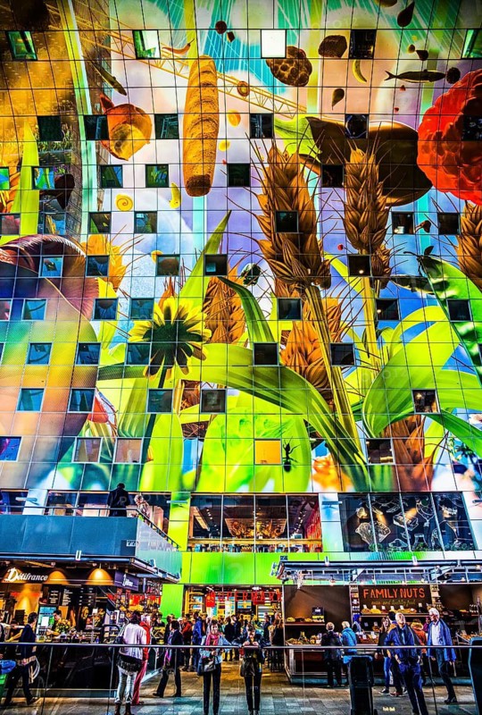 Markthal from 2014, offers over 100 food stalls and delicatessens with spectacular ceiling fresco cornucopia, Horn of Plenty by Arno Coenen and Iris Roskam, Rotterdam, the Netherlands