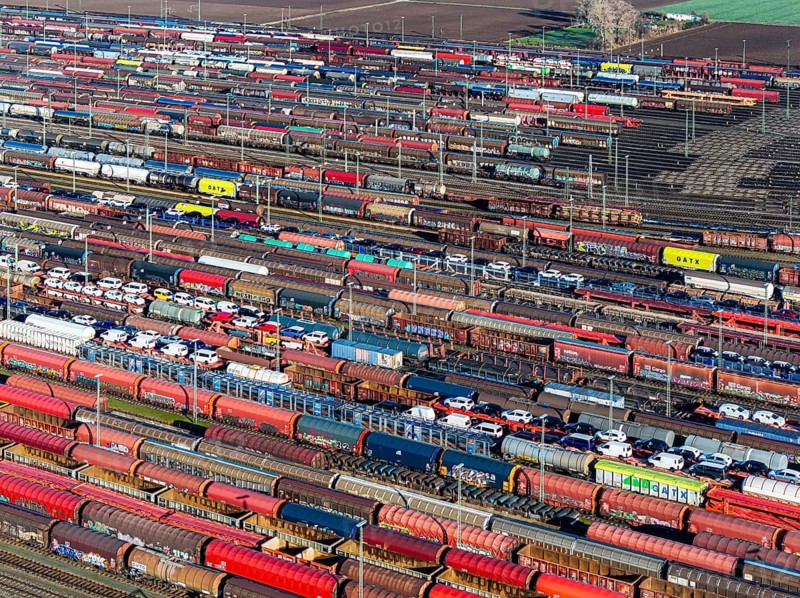 Mannheim marshalling yard. There are many freight trains and freight wagons on the tracks. aerial view. Mannheim, Badn-Württemberg, Germany