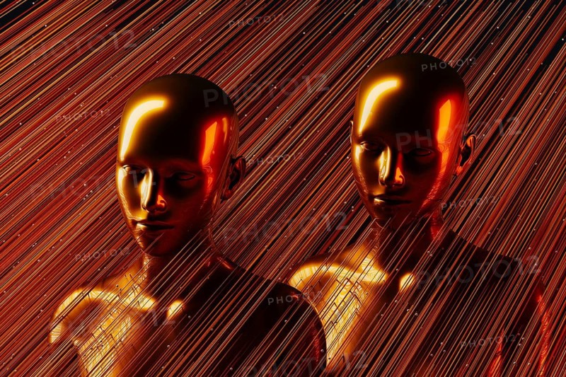 Two metal humanoids stand between illuminated lines representing the concept of artificial intelligence and modern technology in a dark background