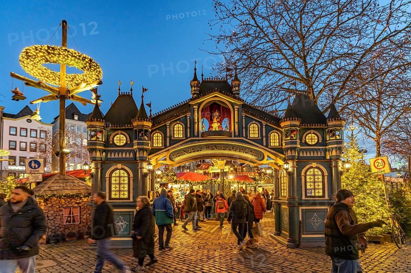 Christmas market Heinzel's winter fairy tale at dusk, Cologne, North Rhine-Westphalia, Germany