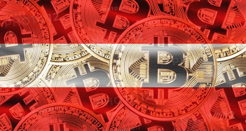 Bitcoin coins on Austria flag background. Golden bitcoin coins on Austria flag background