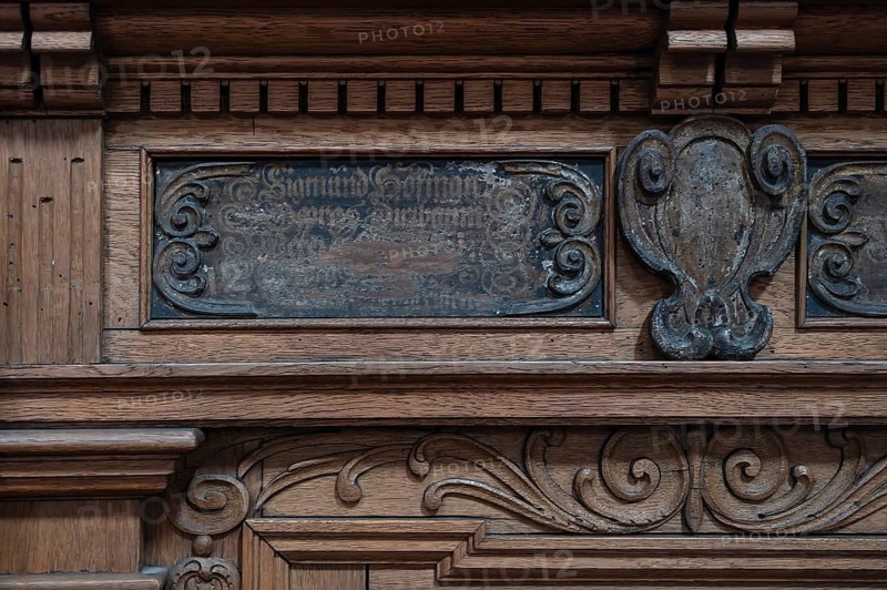 Detail of the craftsman's chair or alms chair from 1647, St. Lawrence Church, Nuremberg, Middle Franconia, Bavaria, Germany