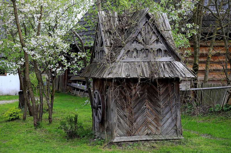 Traditional wooden houses in the village of Chocholow, Podhale-style wooden architecture, listed by UNESCO, near Zakopane, Lesser Poland Voivodeship, Poland