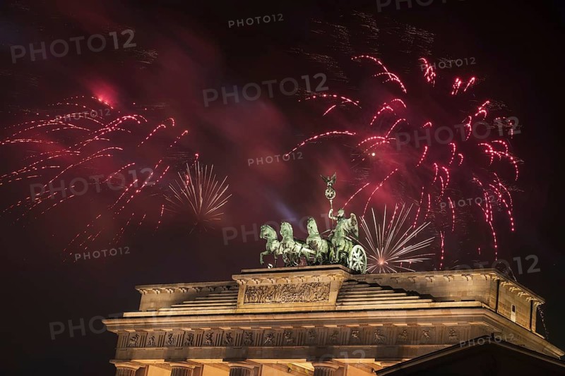Fireworks over the Brandenburg Gate in Berlin, Germany, during New Year concert and celebrations
