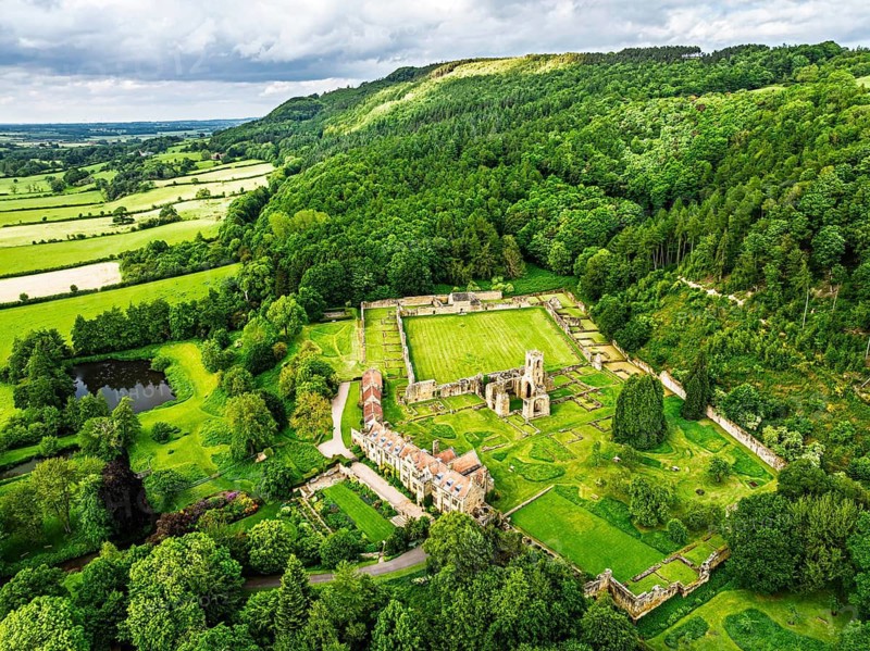 Mount Grace Priory, House and Gardens from a drone, East Harlsey, North Yorkshire, England, United Kingdom