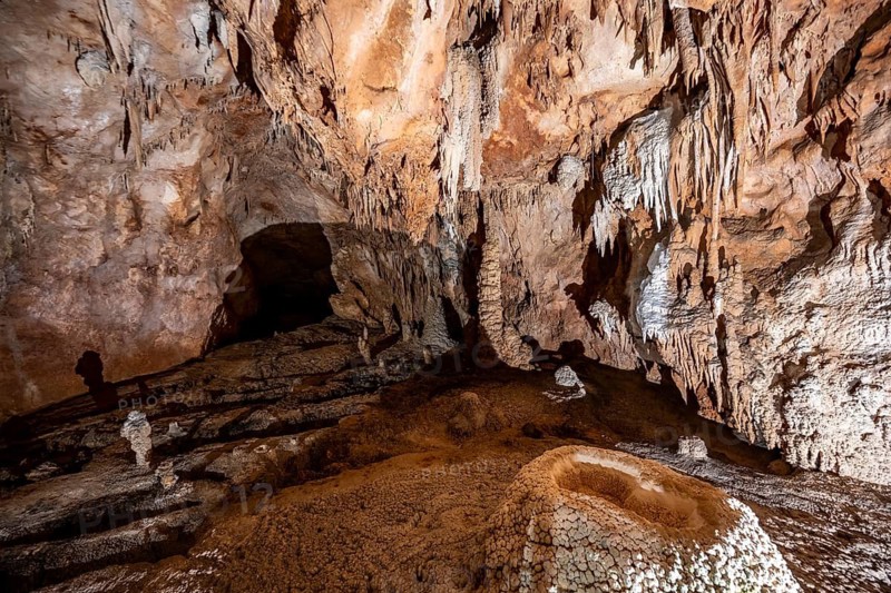 Stalactites and stalagmites, rock formations in a stalactite cave, Grotta del Fico, Gulf of Orosei, Baunei, Sardinia, Italy