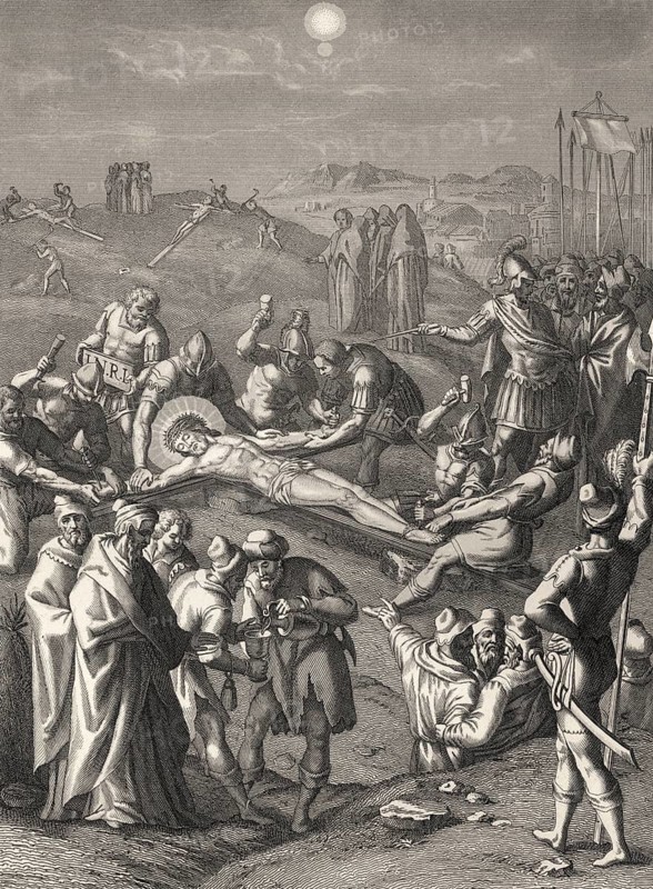 Crucifixion of Jesus, Mount Calvary, Jerusalem, New Testament, steel engraving 1853, digitally restored