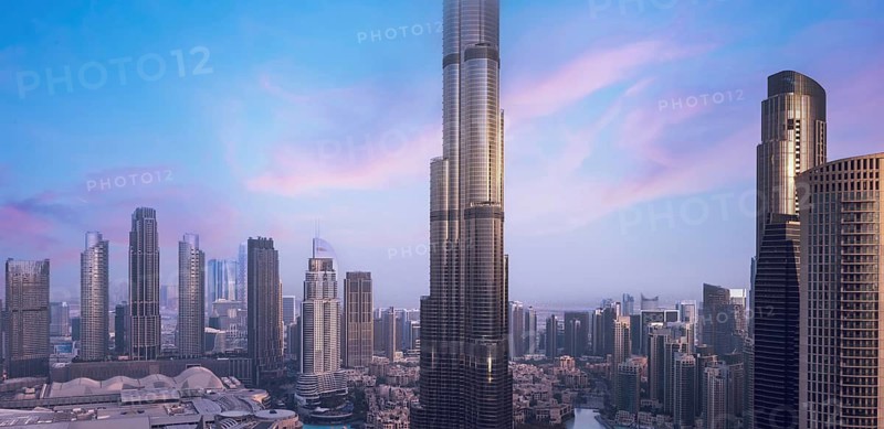 UAE, Dubai panoramic skyline view of city downtown and business district