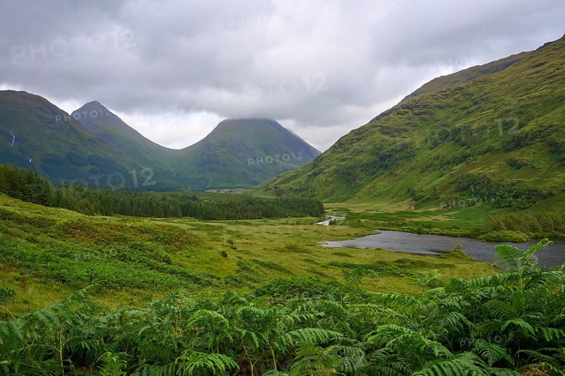 A green valley with a small lake, framed by rolling hills and a cloudy sky, Loch Etive, Argyll and Bute, Scotland, United Kingdom, Great Britain