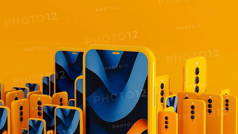 Many yellow frame smartphone exist with blue abstract art displayed on the screen. This creates a modern mobile background. 3D effect