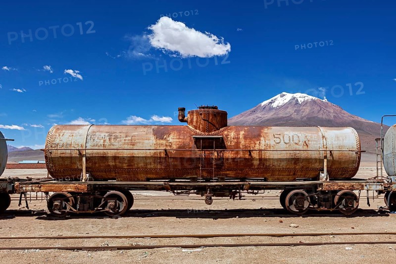 Abandoned rusty tank truck in a desert landscape with mountains in the background, railroad cars in the village of Ollagüe in the Chilean Atacama Desert