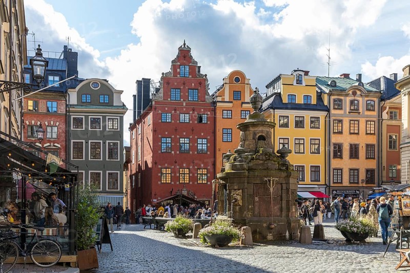 Stortorget Square and probably the most famous medieval gables of the Stortorget 18-20 houses in the old town of Gamla Stan, Stockholm, Sweden