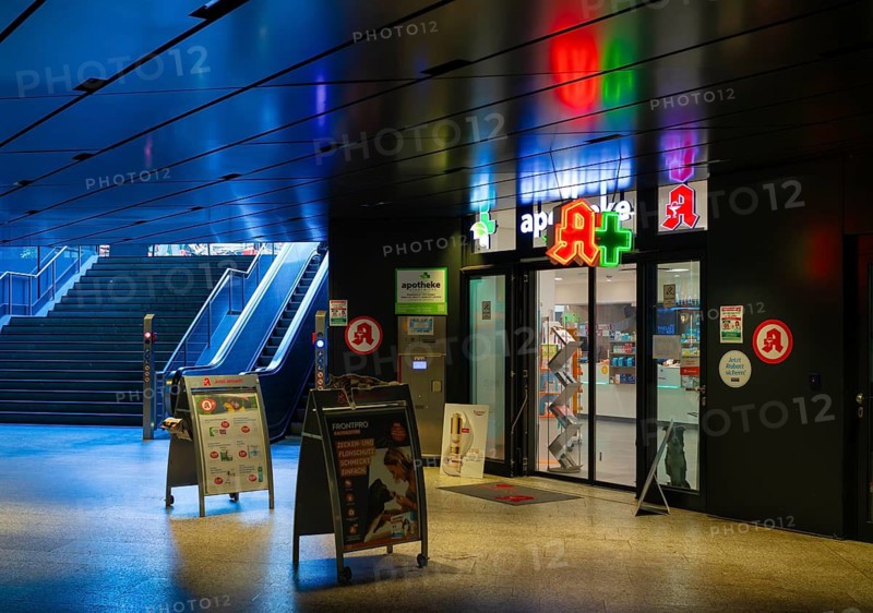 Potheke Stadtmitte, logo, underpass, escalator, neon light, illuminated, Stuttgart, Baden-Württemberg, Germany