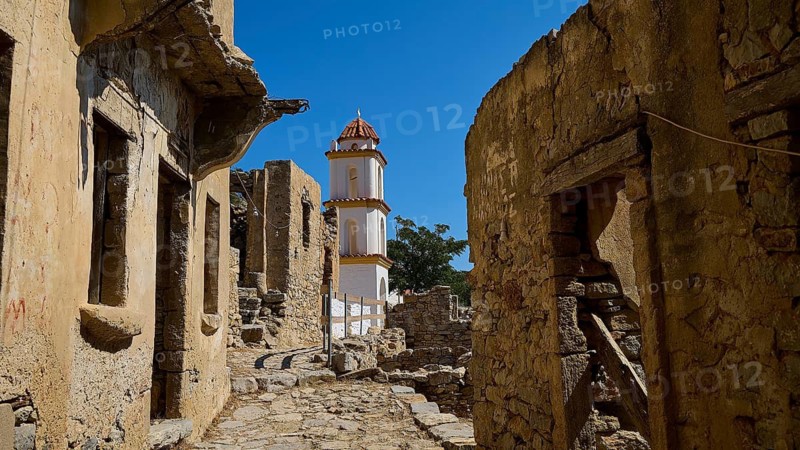 White church tower between old stone ruins on a sunny day, Lost Place, Mikro Chorio, Church of the Assumption of Mary, Zero Waste Island, Tilos, Dodecanese, Greek Islands, Greece