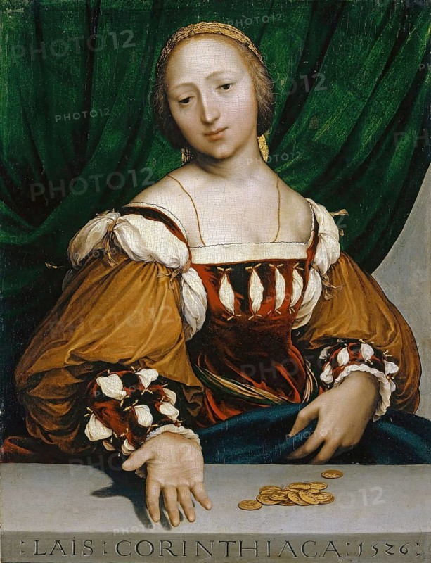 Lais of Corinth, The picture shows the ancient Greek hetaera (courtesan) Laïs of Corinth, who was known for her beauty and her very high prices, the woman sits behind a balustrade on which gold coins lie, alluding to her profession as an expensive courtesan, authentic reproduction of a work of art, painting, drawing by Hans Holbein the Elder (born 1465 in Augsburg, died 1524 in Basel or Isenheim), German painter of the Renaissance, historical