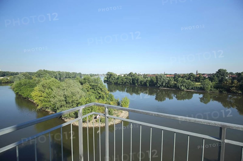 View from the observation tower at Mainz-Kostheim Wiesbaden on Maininsel and Gustavsburg, Mainufer, Hesse, Germany