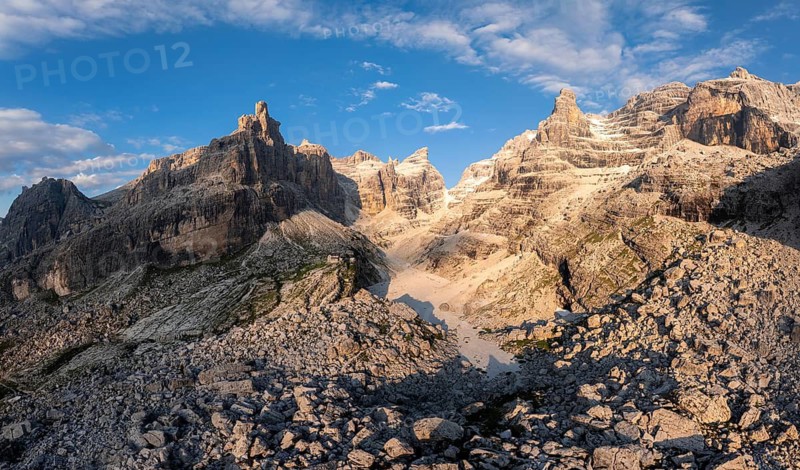 Evening at Refugio Francis Fox Tuckett, alpine panorama, aerial view, impressive mountain peaks of the Brenta Mountains, Brenta, Brenta-Adamello Natural Park, Trentino, Italy