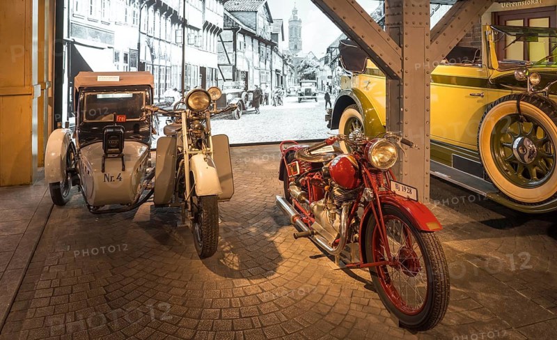 Old motorbikes, sidecar taxi, PS.SPEICHER Museum, Einbeck, Lower Saxony, Germany