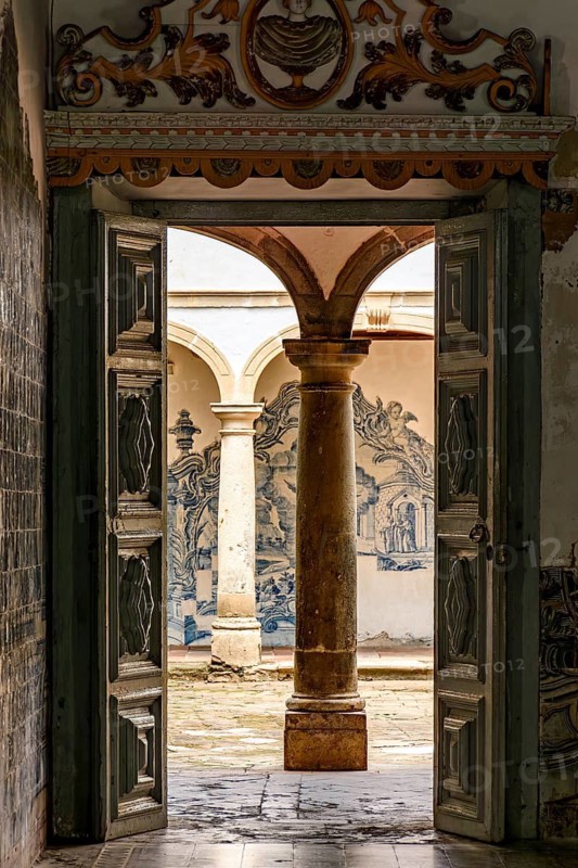 Wooden door inside an old baroque church open to its internal courtyard in Olinda, state of Pernambuco, Olinda, Pernambuco, Brazil
