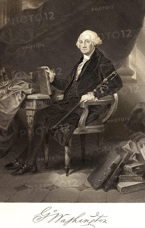 George Washington (1732-1799) first president of the United States of America, USA, politician, 18th century, portrait of famous Americans, armchair, armchair, sitting, desk, books, interior, serious look, man, elegant clothes, statesman, signature, artist Alonzo Chappel, steel engraving, historical illustration 1862