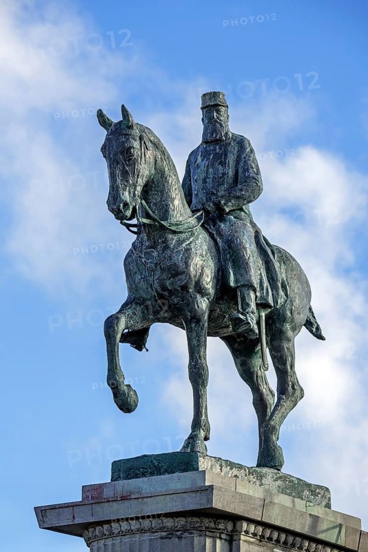 Equestrian statue of King Leopold II near the Royal Galleries, Koninklijke Gaanderijen at seaside resort Ostend, Oostende, West Flanders, Belgium