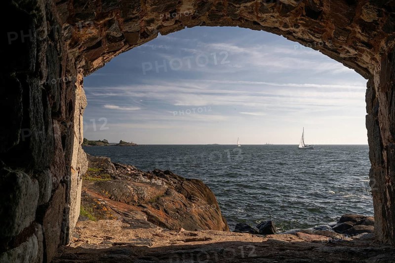 View through fortification wall, Suomenlinna island fortress, Finnish for Finnenburg, Swedish Sveaborg, Swedenburg, 18th century, UNESCO World Heritage Site, Helsinki, Finland
