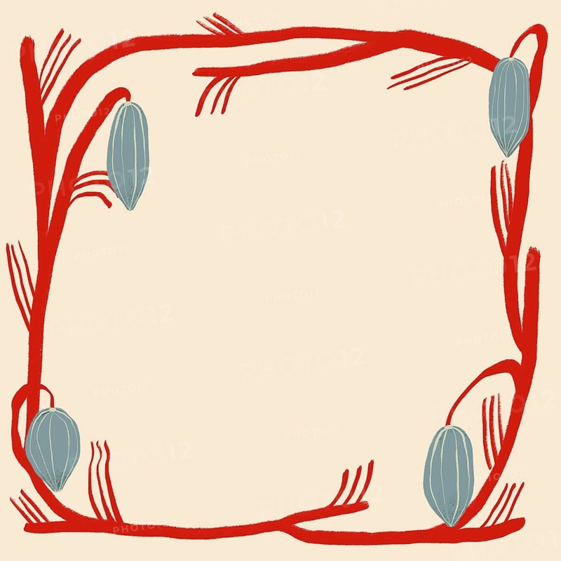 A minimalist illustration featuring stylized red flowers and blue berries, arranged as a border against a soft beige background