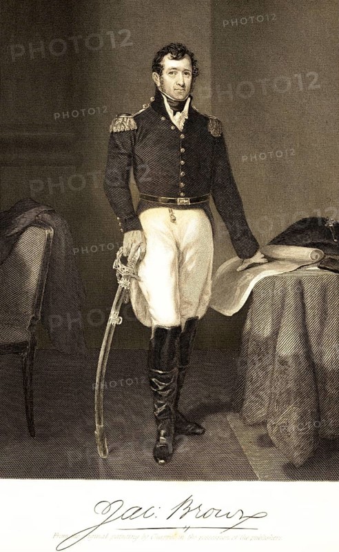 Jacob Brown (1775-1828) Army officer, later Commanding General of the United States Army, Commander-in-Chief of the US Army, USA, room, table, armchair standing, sword, uniform, middle age, paper scroll, confident look, portrait of famous Americans, signature, artist Alonzo Chappel, steel engraving, historical illustration 1862