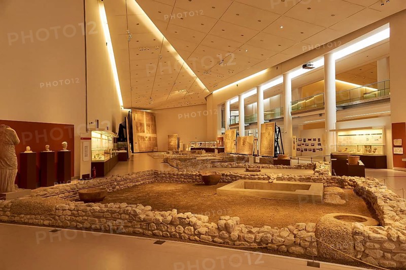 Archaeological Museum with exhibited ruins and artifacts, warmly lit, Archaeological Museum of Patras, Patras, Peloponnese, Greece