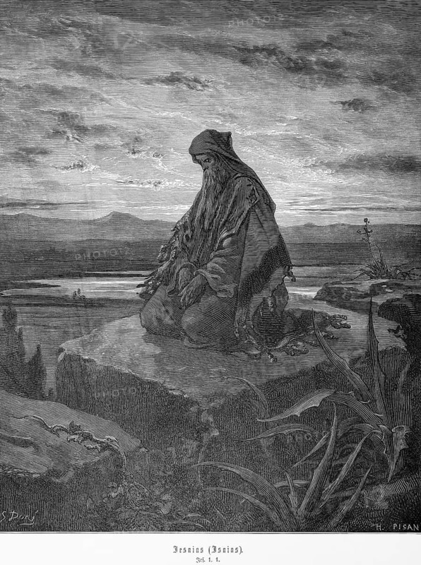 Book of the Prophet Isaiah, chapter 1, verse 1, revelation, immersed in prayer, kneeling on rocks, landscape, religion, Old Testament, Bible, steel engraving Doré, historical illustration 1885
