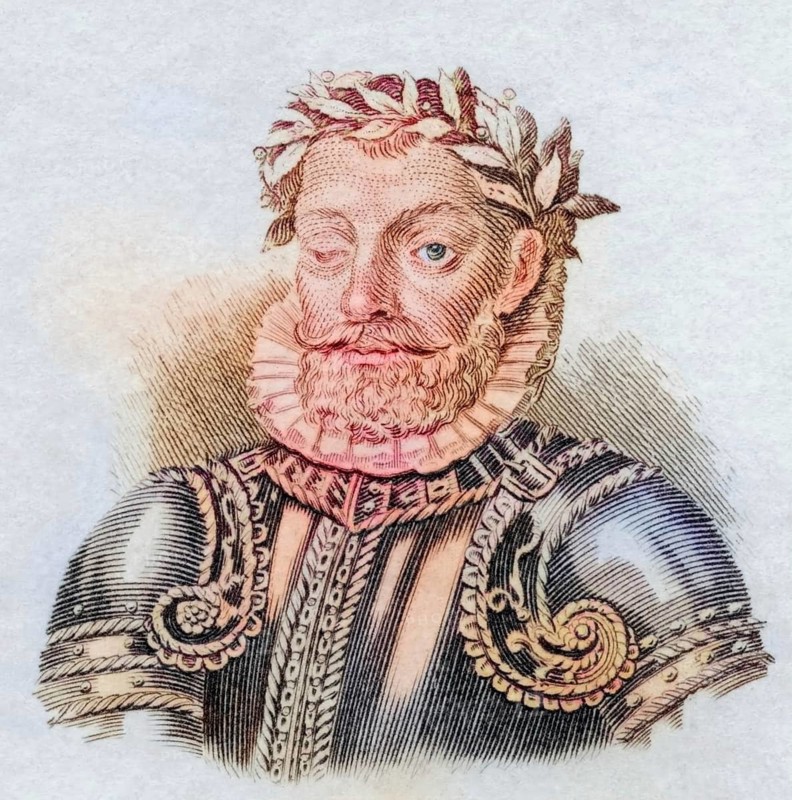 Luis Vaz de Camoes, (born 1524 or 1525 presumably in Coimbra or Lisbon, died 10 June 1579 or 1580 in Lisbon) is considered one of the most important poets of Portugal and the Portuguese language, coloured woodcut from Crabbe's Historical Dictionary from 1825, Historical, digital reproduction