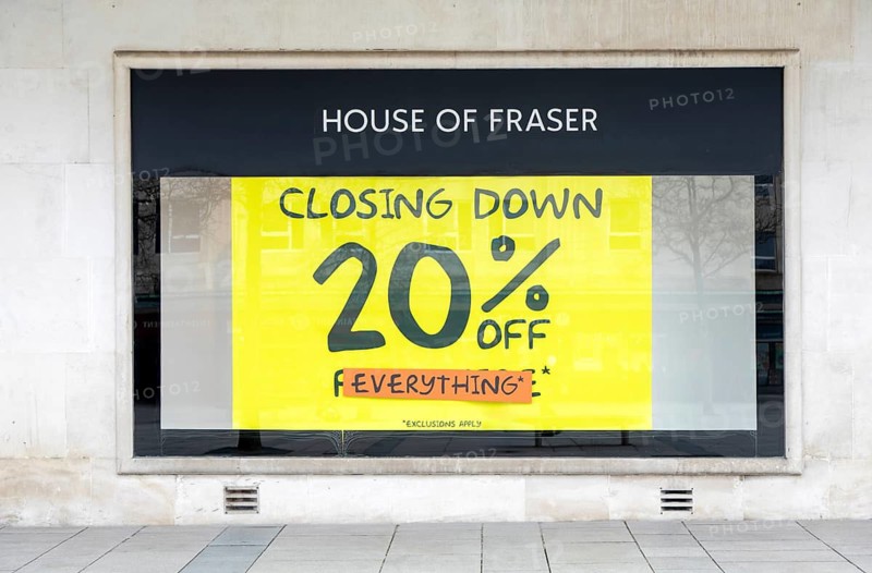Closing down sale 20% off everything House of Fraser department store, Plymouth, Devon, England, UK February 2026
