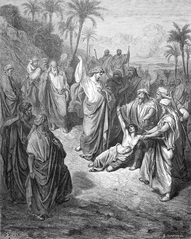 Jesus heals a person possessed by an evil spirit, Matthew chapter 9, verse 32, silent, crowd, outdoors, healing, recovery, sick, illness, delusion, landscape, palm trees, mountains, Christian religion, Bible, New Testament, steel engraving Doré, historical illustration 1885