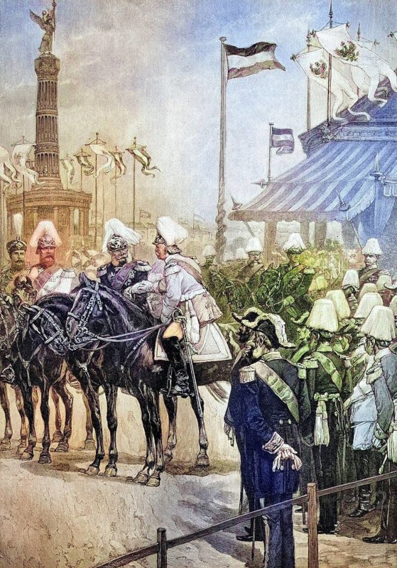 Kaiser Wilhelm I greeting Prince Bismarck at the inauguration of the Victory Column in Berlin, Germany 1873, coloured wood engraving, reproduction from a model from ca 1888, historical, military parade with soldiers on horses and waving flags, festive atmosphere