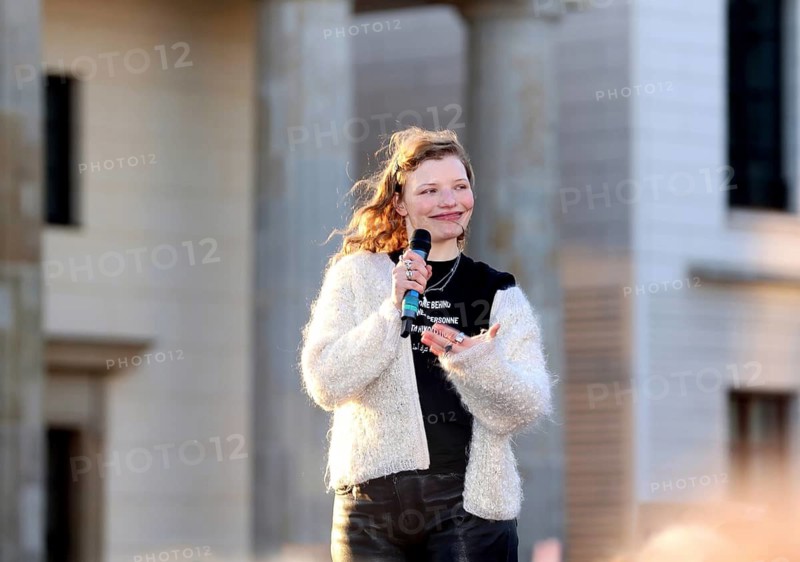 Luisa-Céline Gaffron speaks at the demonstration Against Sexualized Digital Violence - Solidarity with all victims on Pariser Platz in Berlin on 22.03.2026