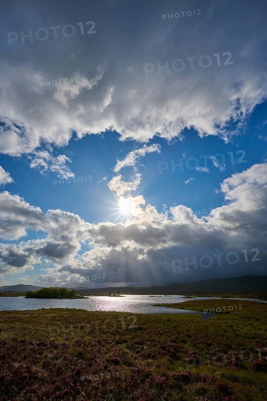 Landscape with river under blue sky and dramatic clouds, Rannoch Moor, Bridge of Orchy, Scotland, United Kingdom, Great Britain
