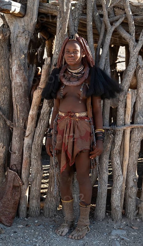 Young traditionally dressed Himba woman, leaning against a wooden hut, near Opuwo, Kaokoveld, Kunene, Namibia