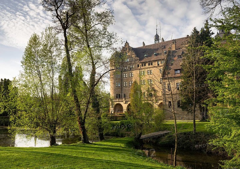 Neuenstein Castle, moated castle from the Staufer period, seat of the Hohenlohe Central Archive Neuenstein, Hohenlohe, Baden-Württemberg, Germany