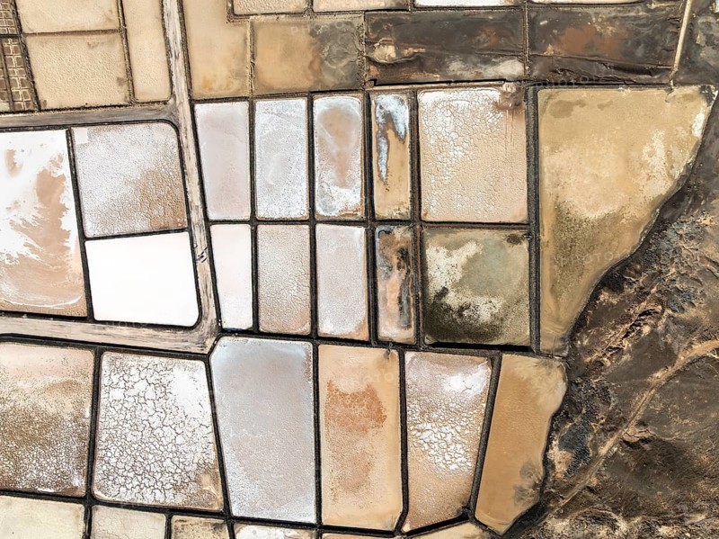 Salt mining plant, Salinas de Janubio, top-down, near Yaiza, drone shot, Lanzarote, Canary Islands, Spain