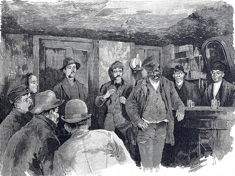 The illustration shows a so-called five-cent lodging house or a cheap bar, which was often referred to as a morgue, as the guests there were often completely drunk or exhausted in their seats, 1880, England, illustration, reproduction from a model from the 19th century. Authentic, file restored for optimal use, exact date of submission unknown, historical
